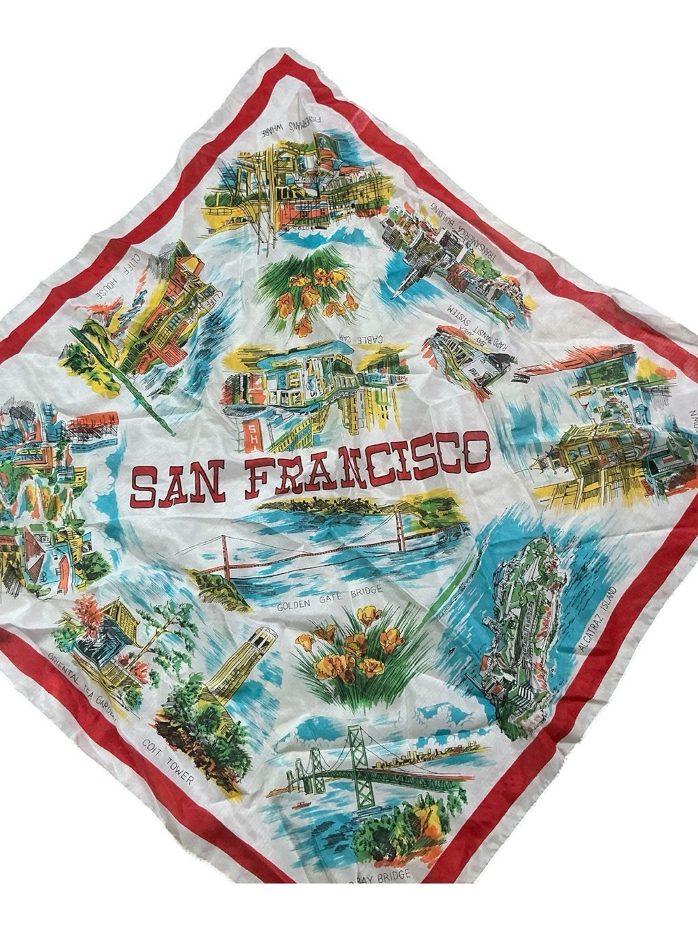 Vintage 1950s/60s San Francisco mid-century souvenir scarf 25 x 25.” Japan